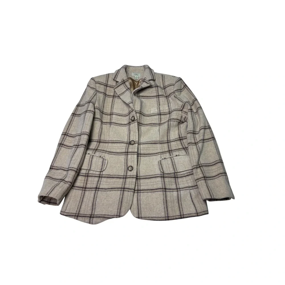 LL Bean Wool Cashmere Plaid Blazer Jacket Beige Tan 10P Petite 0WL13